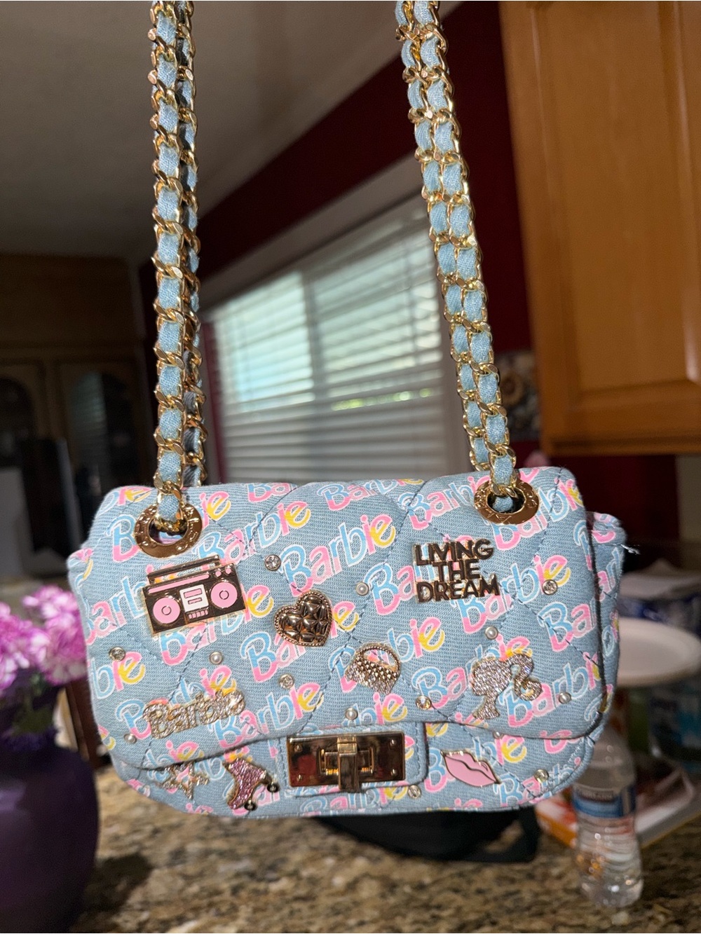 Aldo Light Blue Barbie-Print Mini Chain Shoulder Bag with Pink & Yellow Accents